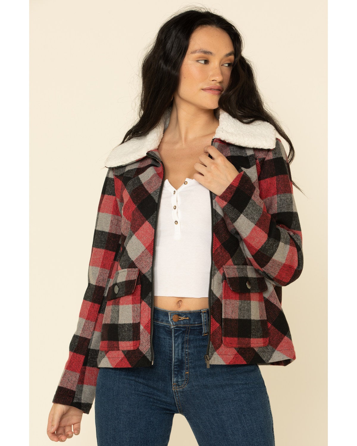 Cruel Girl Women's Plaid Sherpa Jacket 