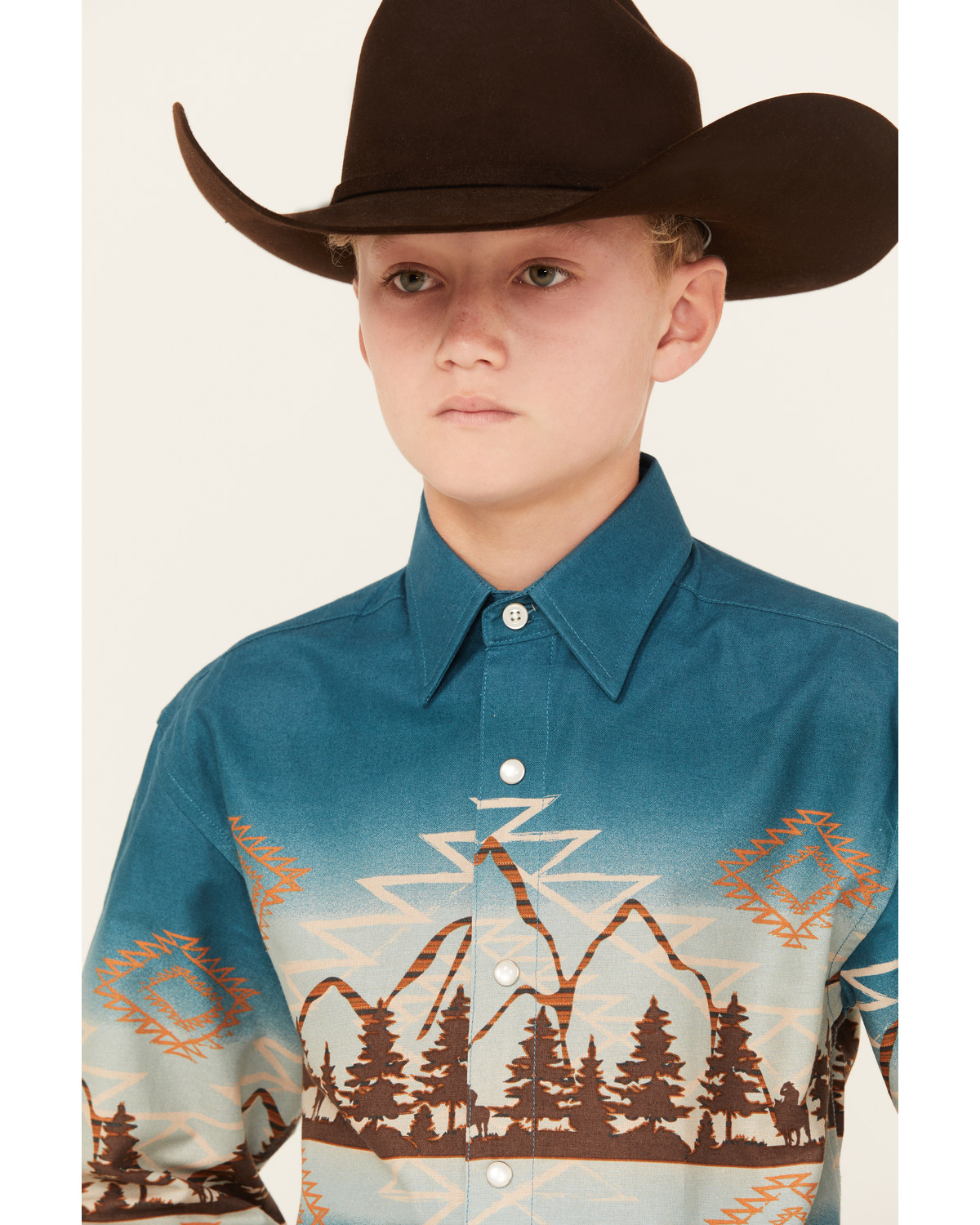 Panhandle Boys' Southwestern Mountain Border Long Sleeve Pearl Snap Western Shirt