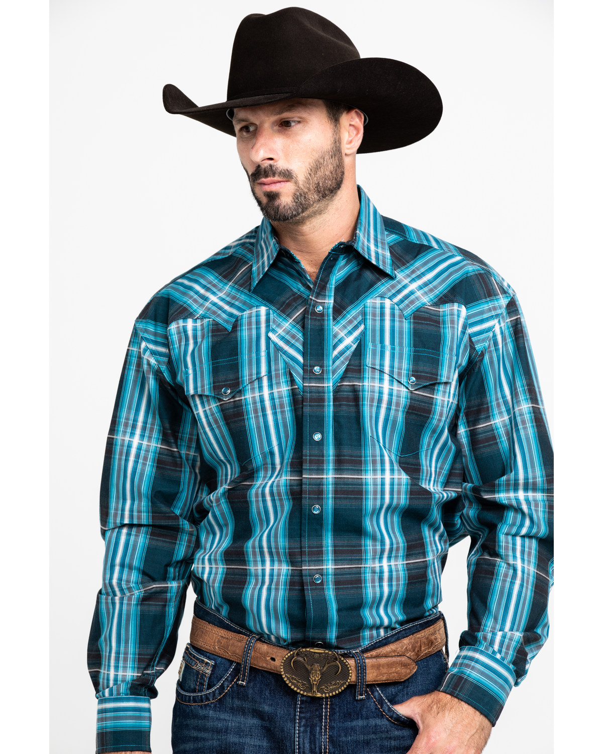 Stetson Men's Blue Cotton Plaid Long Sleeve Snap Western Shirt