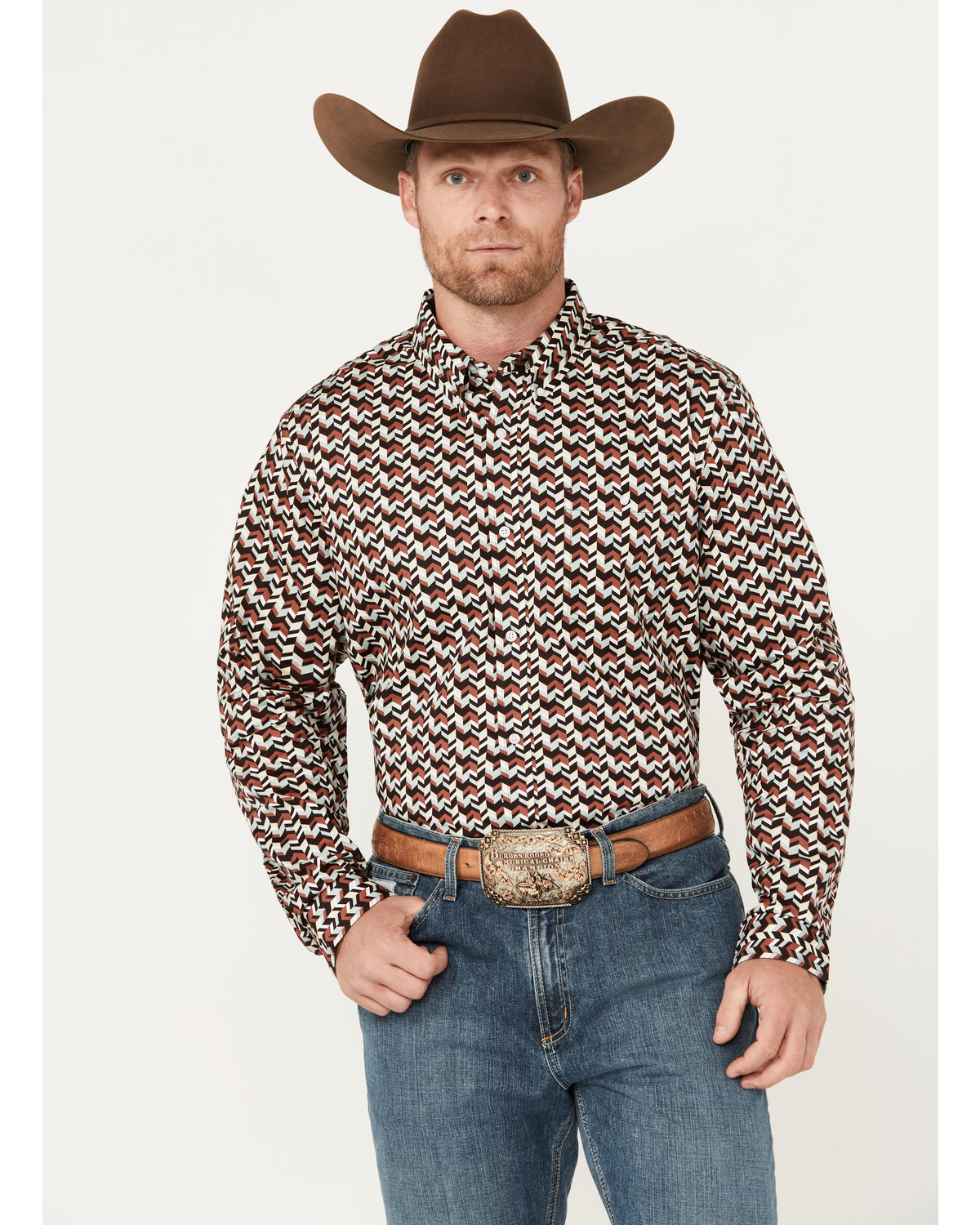 RANK 45® Men's Chevron Geo Print Long Sleeve Button-Down Stretch Western Shirt