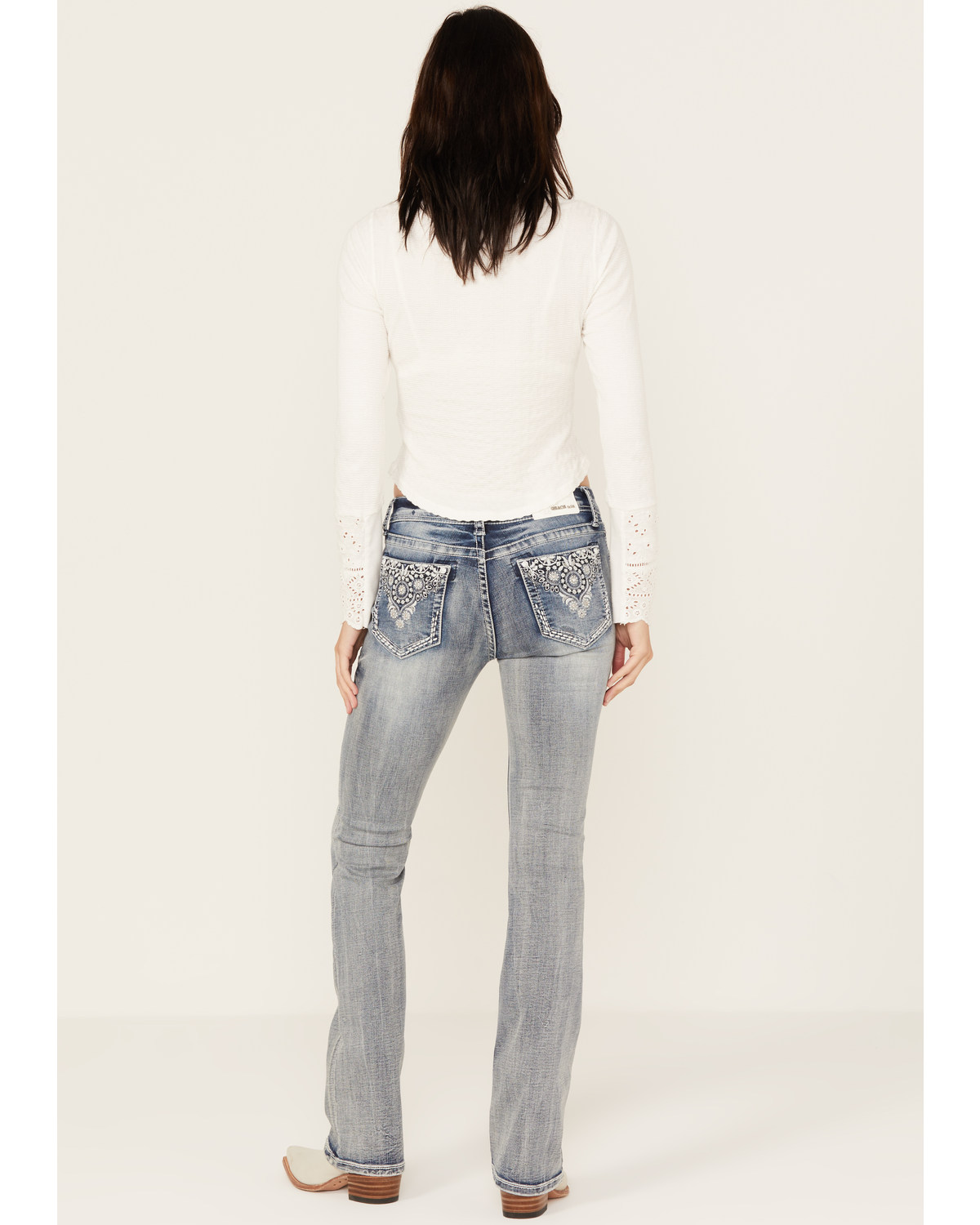 Grace LA Women's Light Wash Mid Rise Floral Motif Pocket Bootcut Jeans