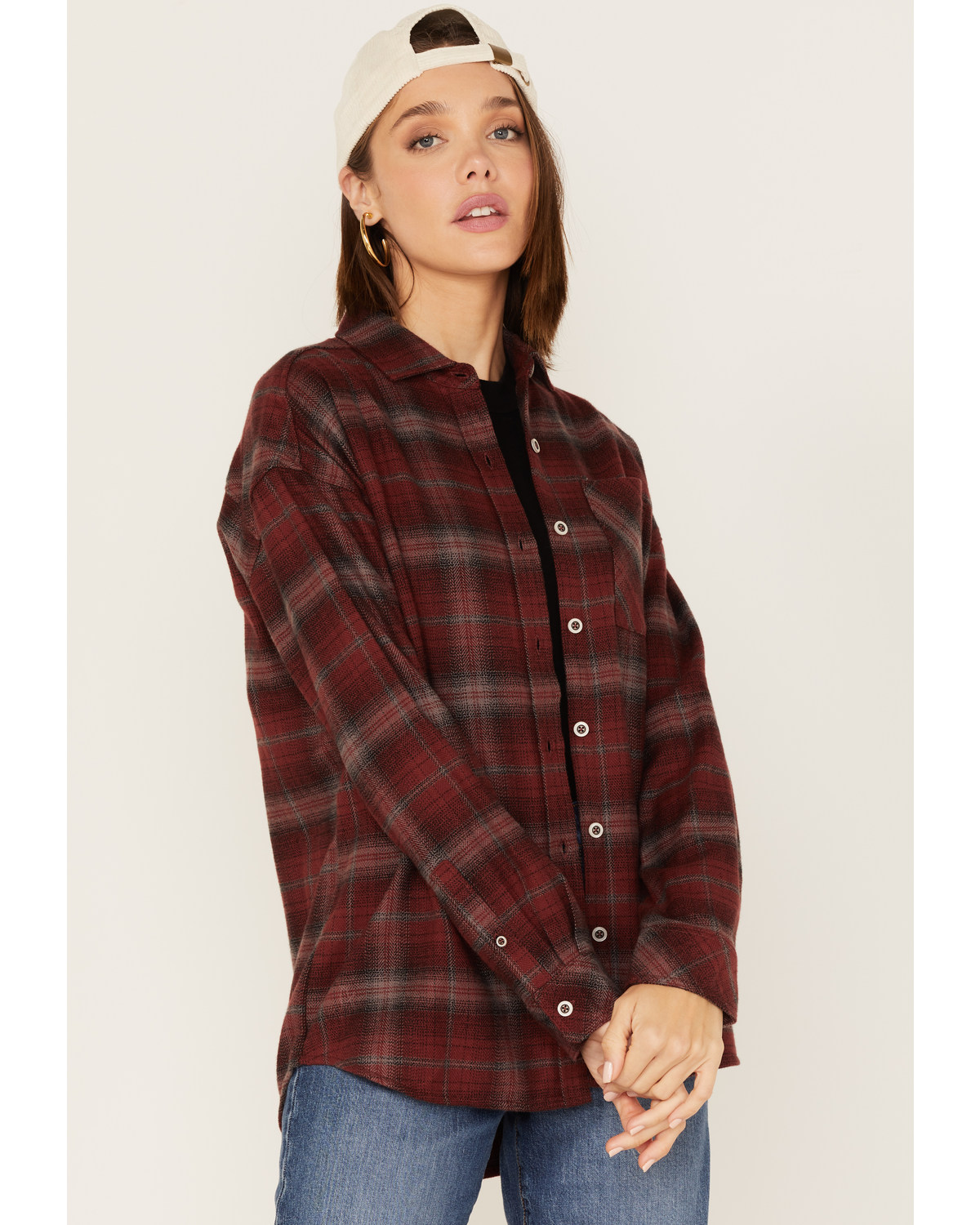 North River Women's Plaid Print Long Sleeve Button Down Boyfriend Shirt