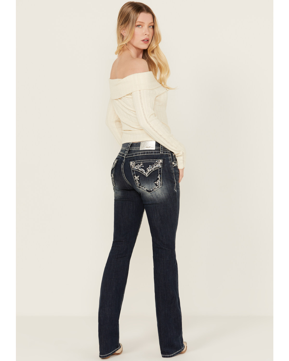 Grace LA Women's Dark Wash Mid Rise Floral Pocket Bootcut Stretch Denim Jeans
