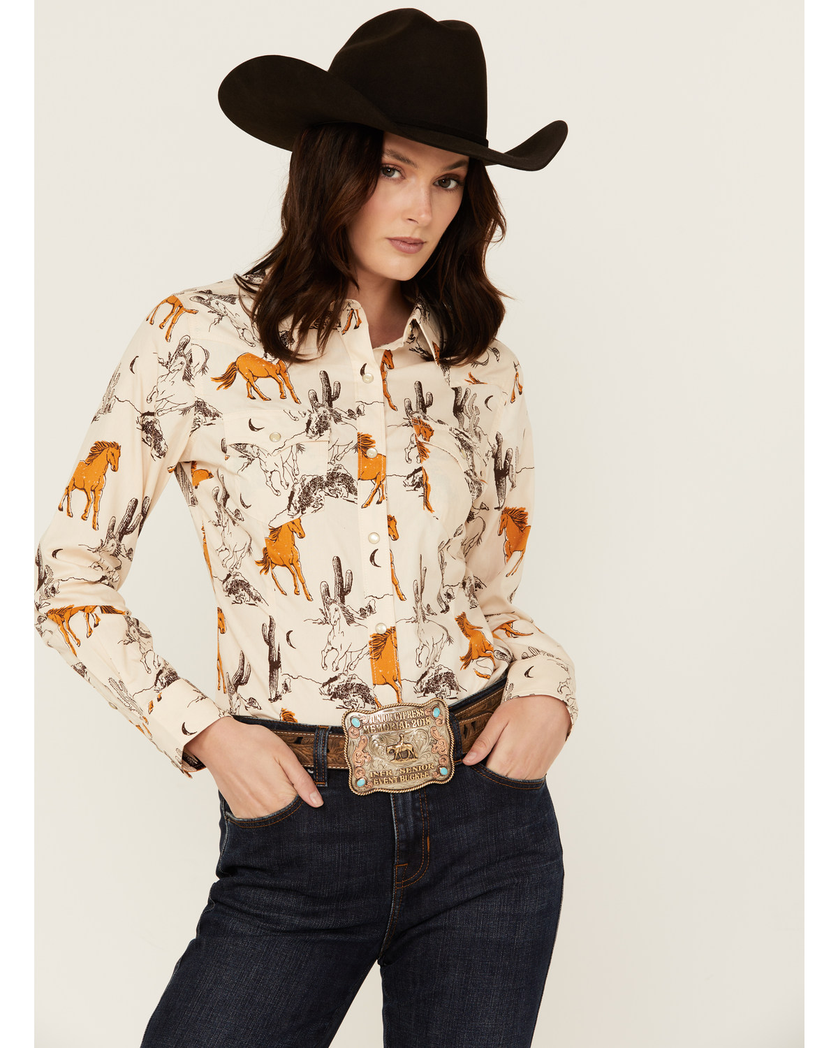 Wrangler Retro Women's Scenic Print Long Sleeve Pearl Snap Western Shirt