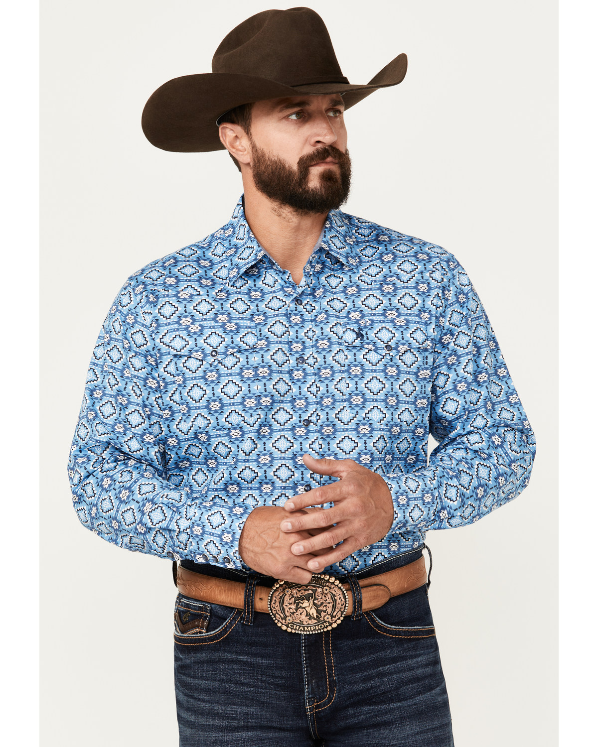 Rodeo Clothing Men's Southwestern Print Long Sleeve Snap Western Shirt