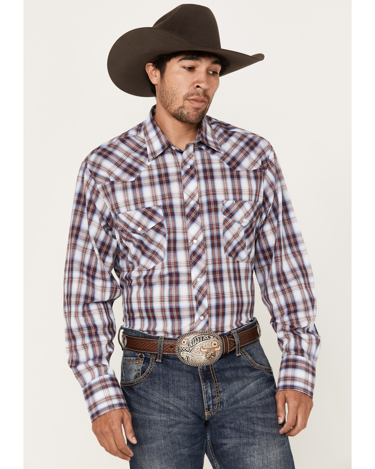 Roper Men's KC Plaid Print Long Sleeve Western Pearl Snap Shirt
