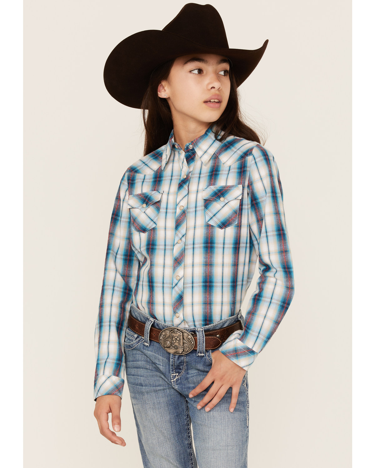 Roper Girls' West Made Plaid Print Long Sleeve Western Snap Shirt