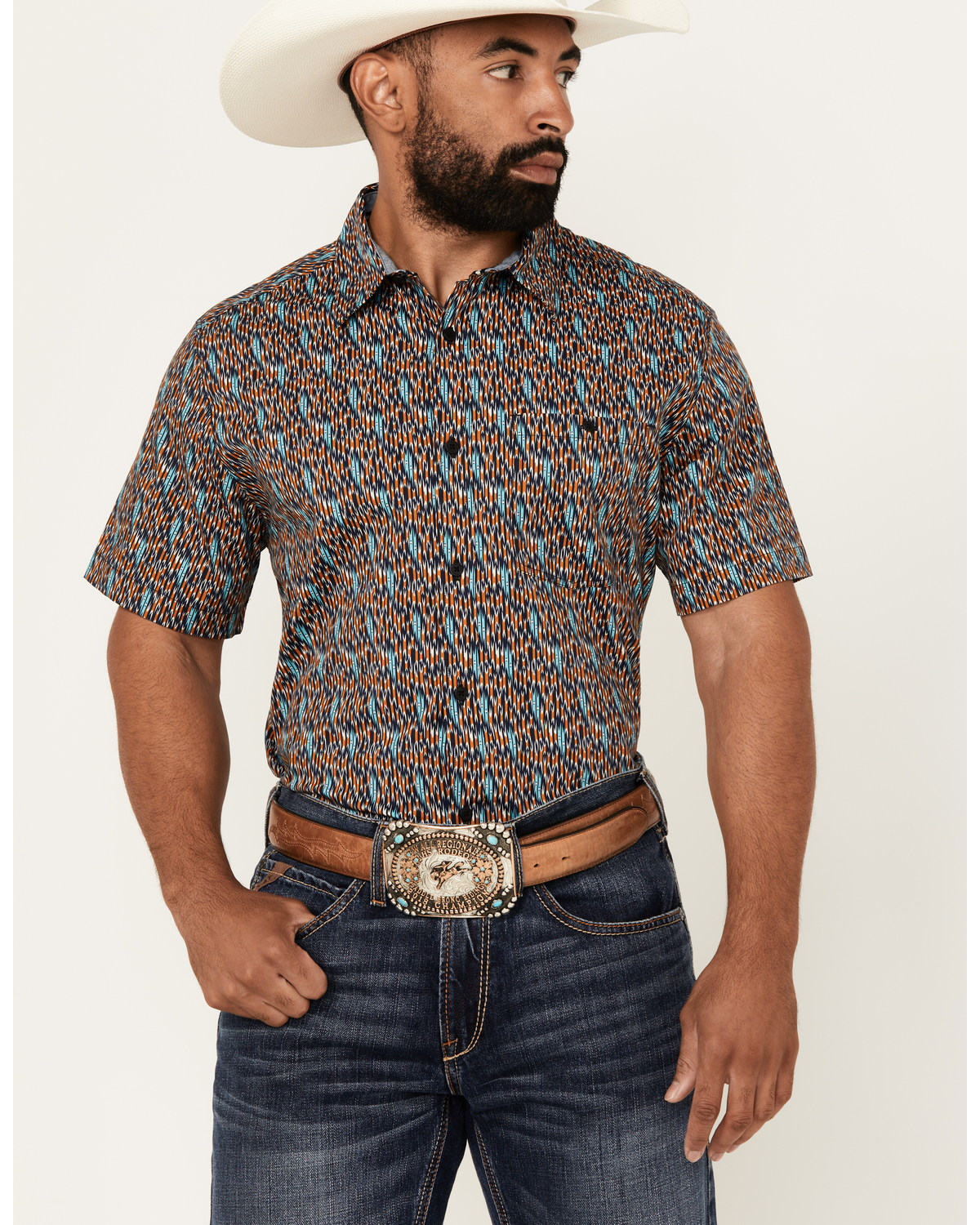 RANK 45® Men's Raflame Geo Print Short Sleeve Button-Down Stretch Western Shirt