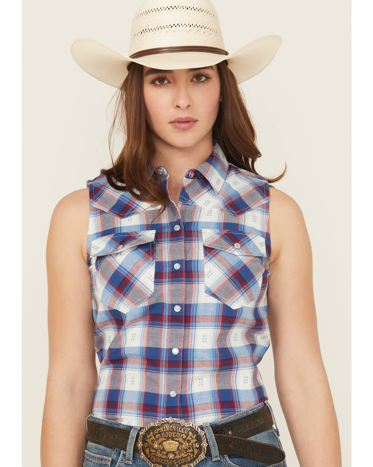 Shyanne Women's Dobby Plaid Print Sleeveless Snap Western Shirt