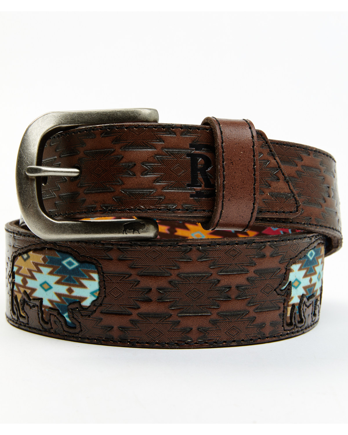 Red Dirt Hat Co. Men's Southwestern Print Buffalo Inlay Tooled Leather Belt