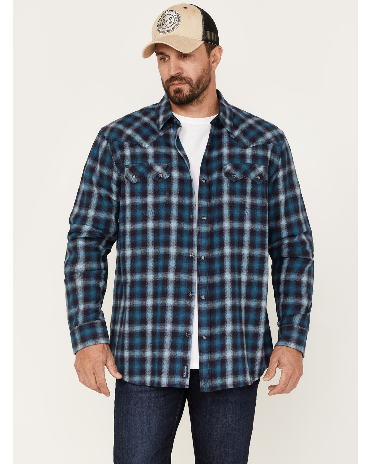 Moonshine Spirit Men's Ombre Plaid Print Long Sleeve Snap Western Flannel Shirt