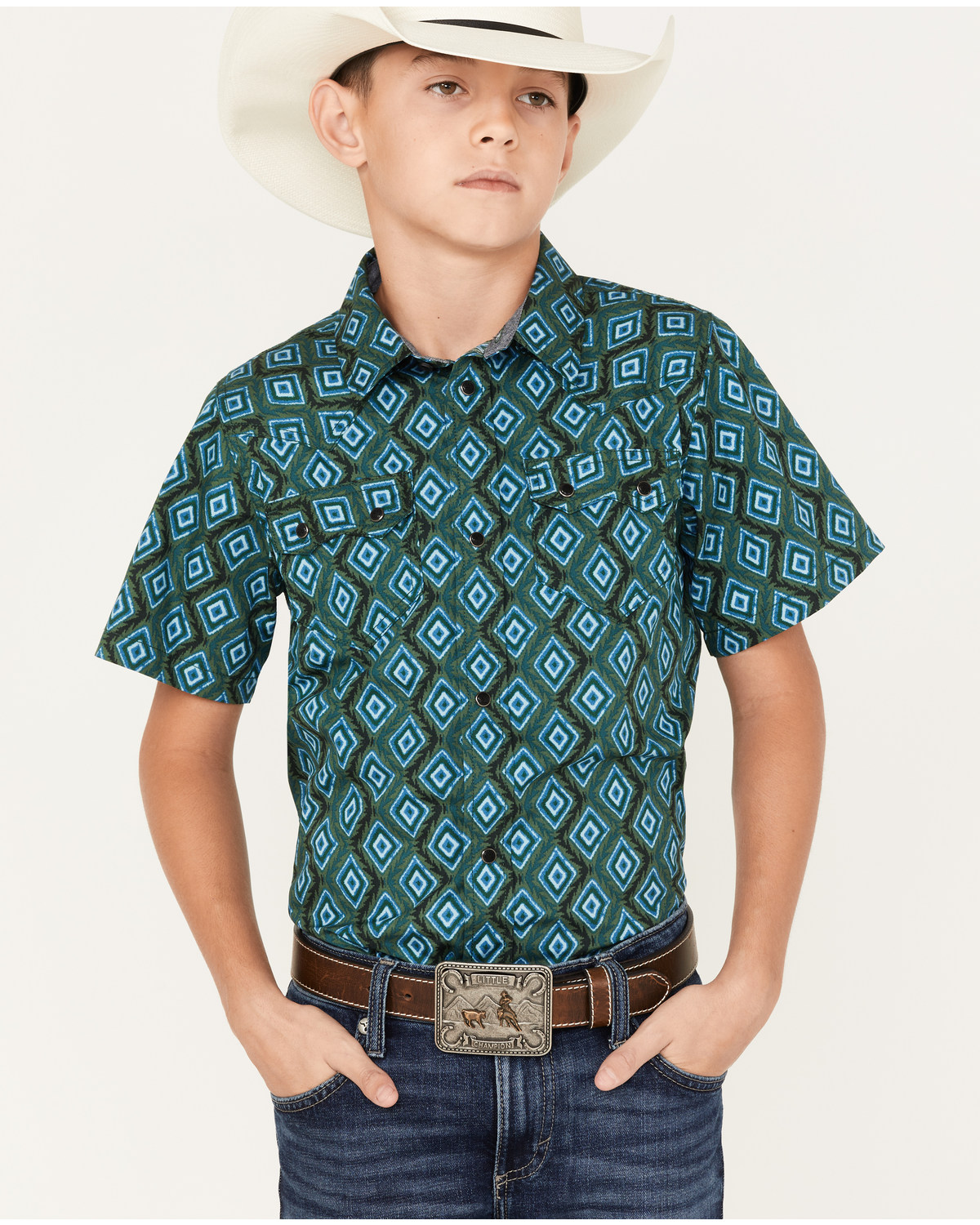 Cody James Boys' Diamond Geo Print Short Sleeve Western Snap Shirt