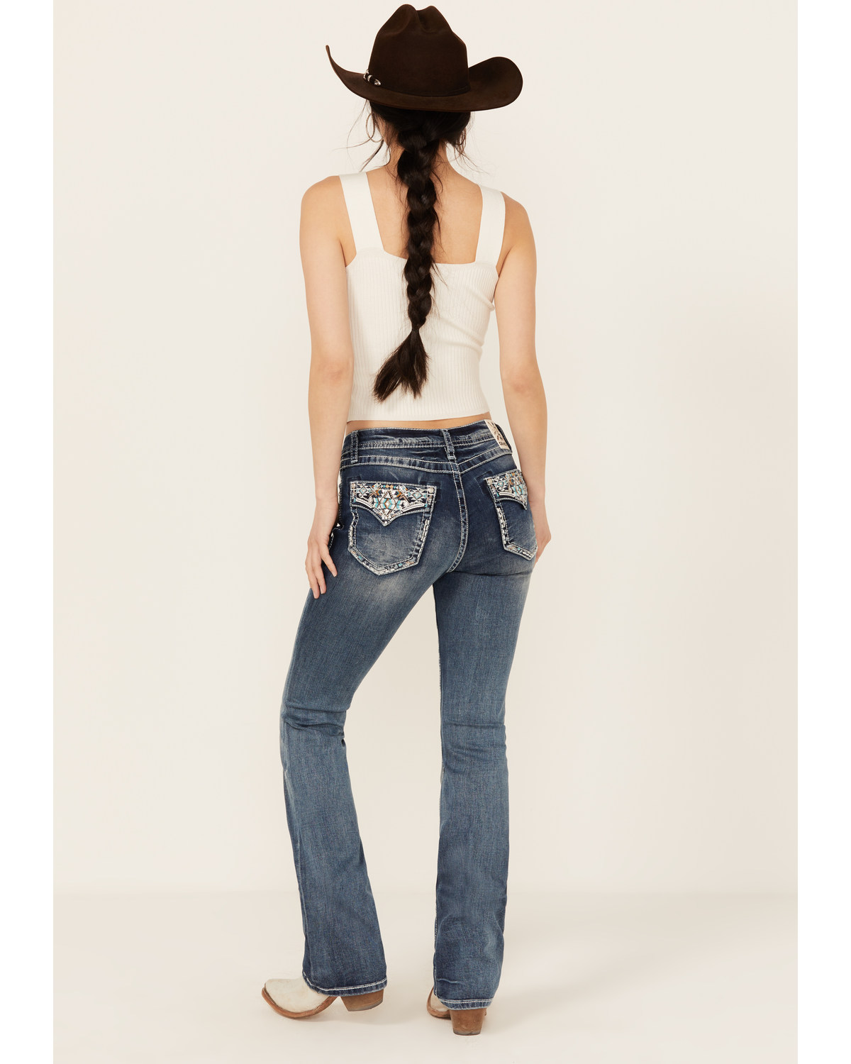 Grace LA Women's Medium Wash Faux Flap Pocket Mid Rise Bootcut Stretch Denim Jeans