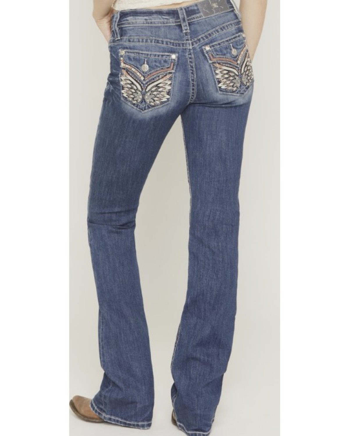 Miss Me Girls' Medium Wash Mid Rise Wing Pocket Bootcut Stretch Denim Jeans