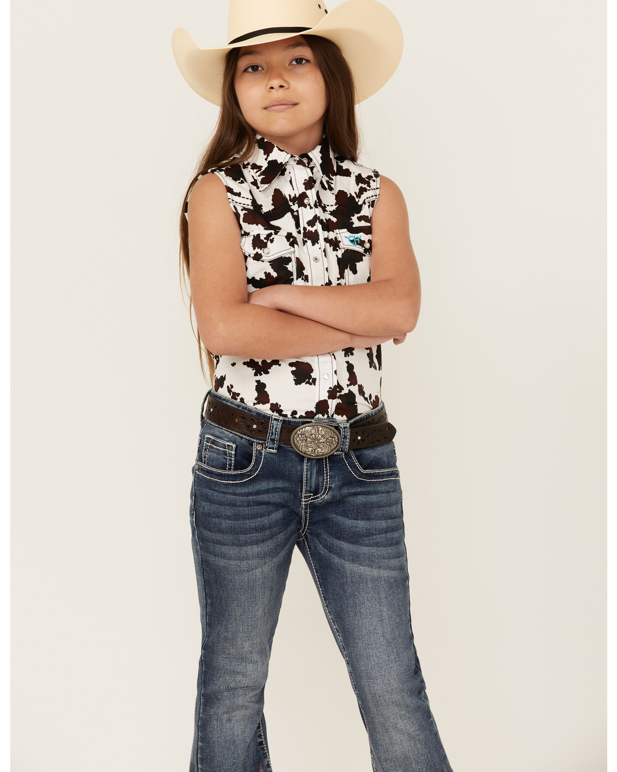 Cowgirl Hardware Girls' Cow Print Sleeveless Snap Western Shirt