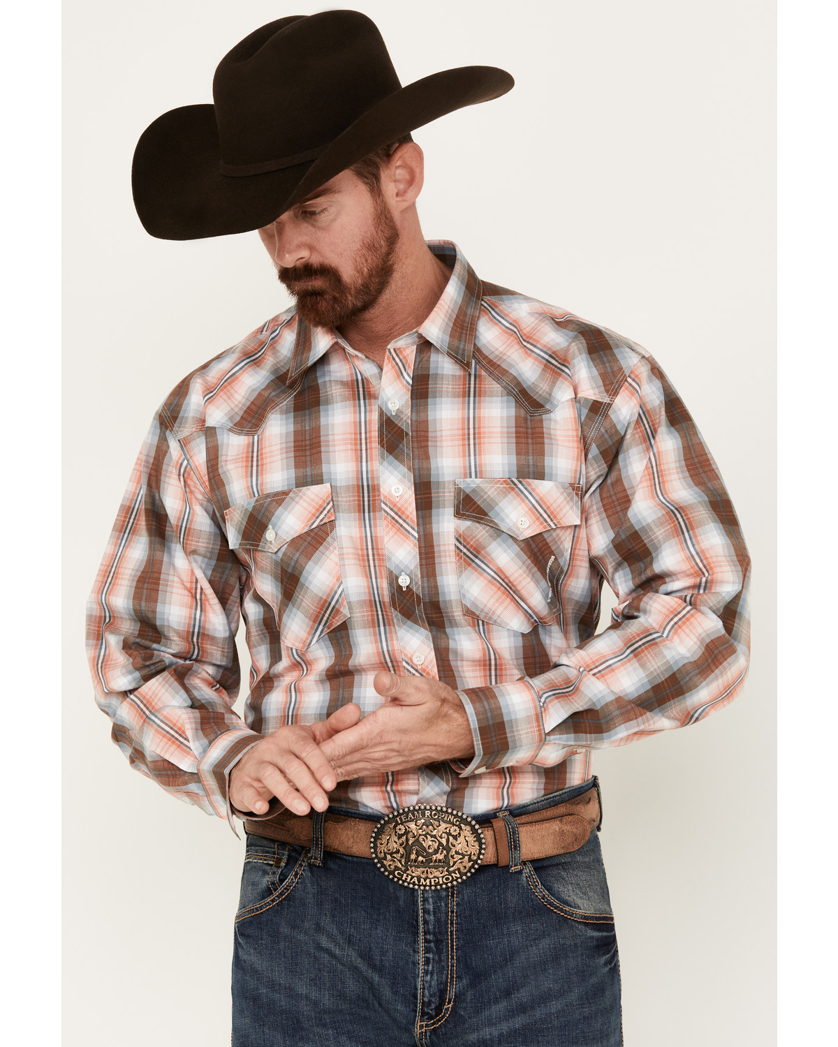 Resistol Men's Frank Ombre Plaid Print Long Sleeve Button-Down Western Shirt
