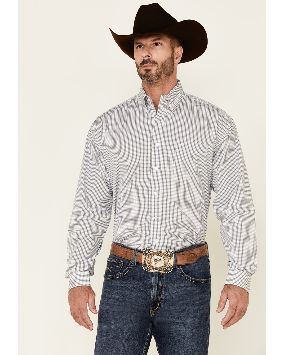 Stetson Men's Small Check Plaid Print Long Sleeve Button Down Western Shirt