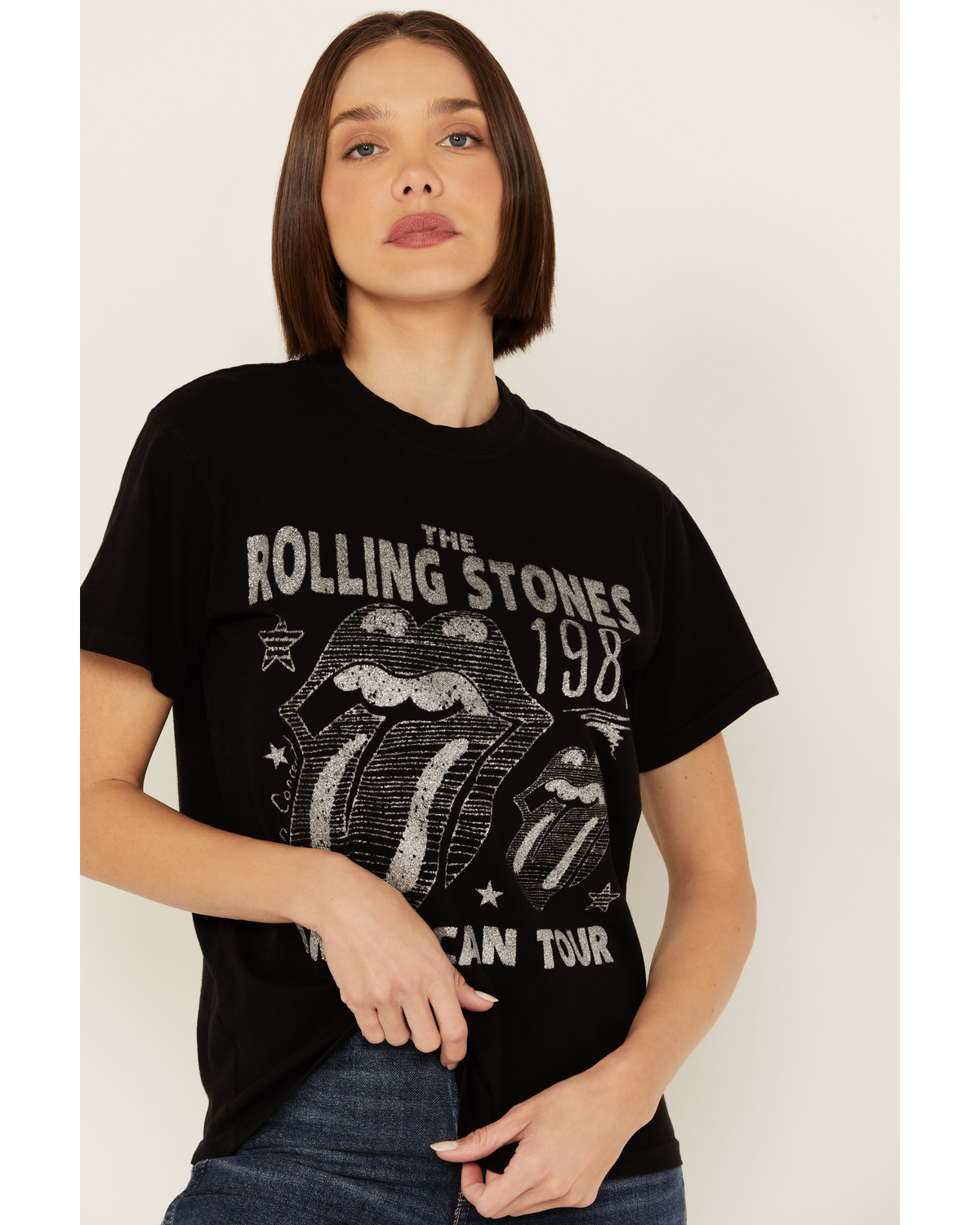 People Of Leisure Women's Rolling Stones 1981 American Tour Glitter Short Sleeve Graphic Tee