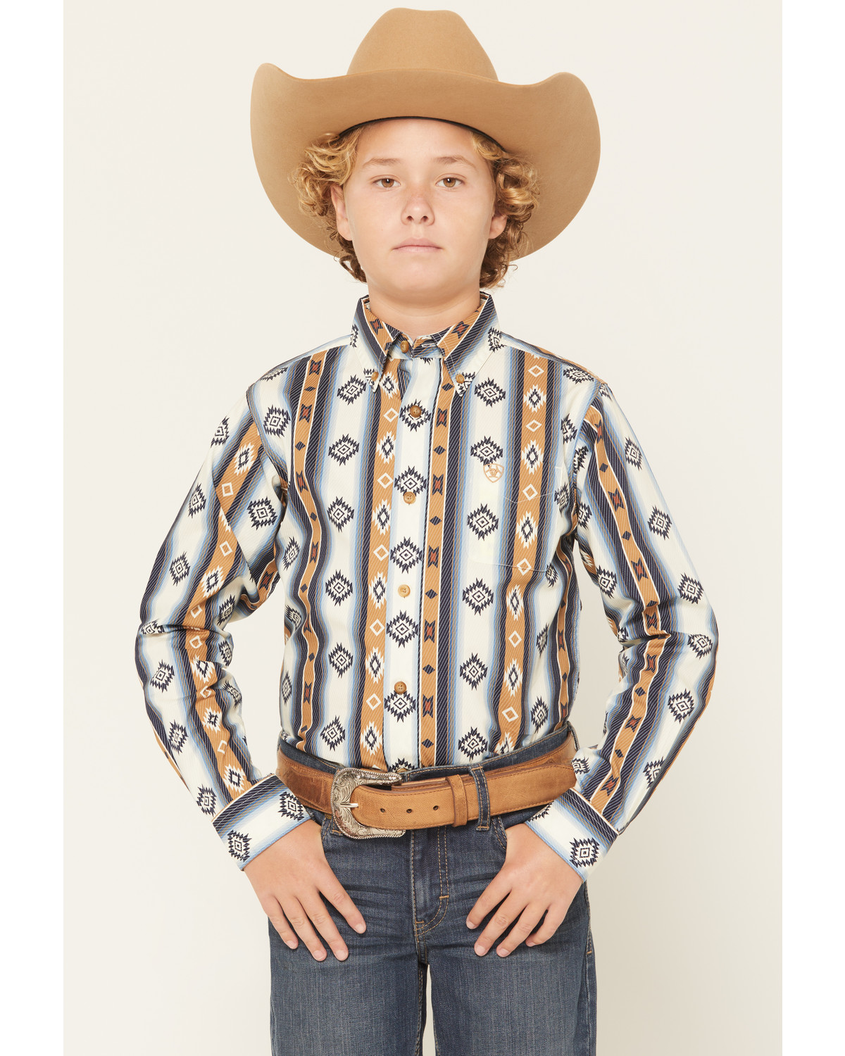 Ariat Boys' Striped Southwestern Long Sleeve Button-Down Western Shirt