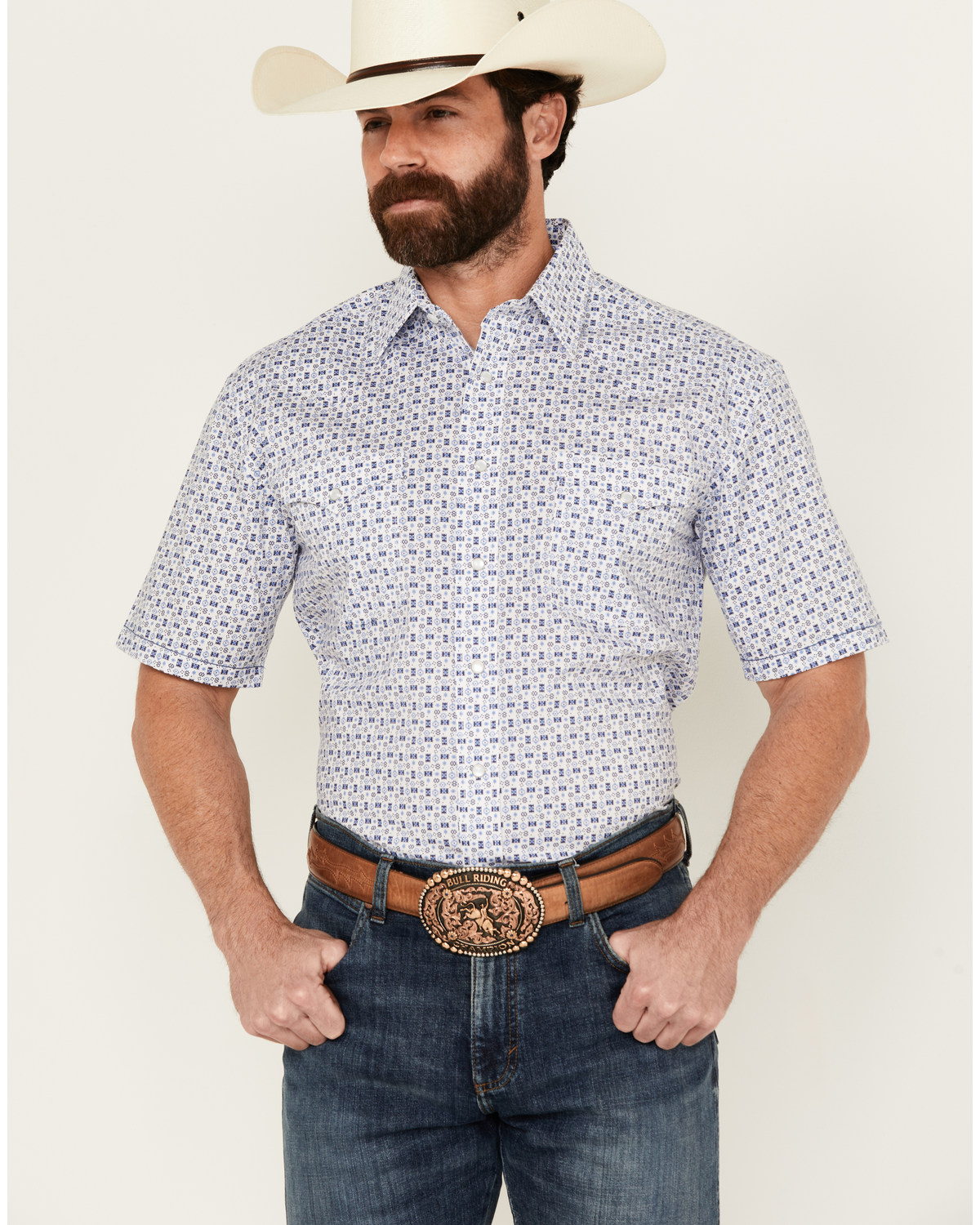 Panhandle Men's Southwestern Print Short Sleeve Pearl Snap Stretch Western Shirt