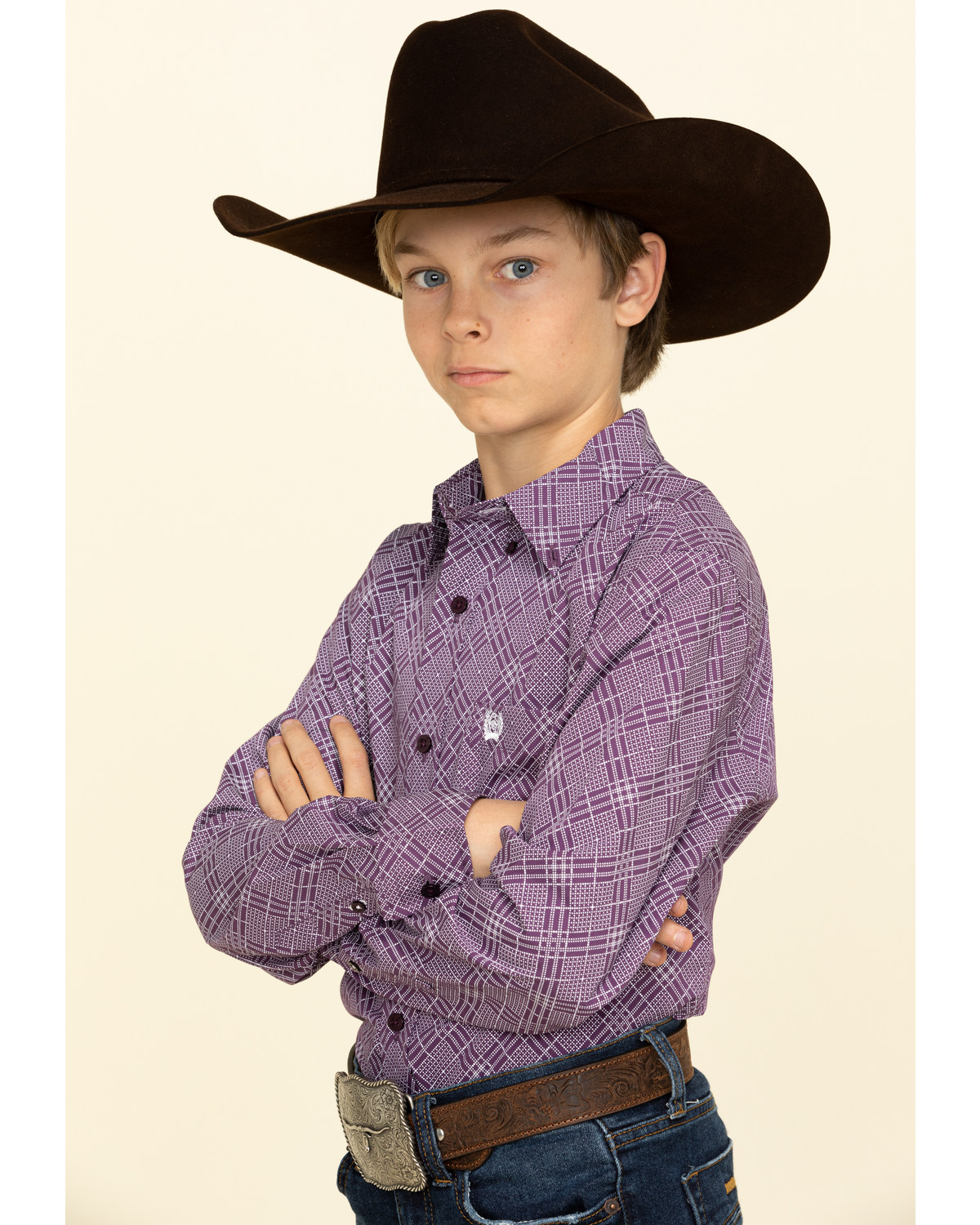 NWT Boys Cinch Western Snap front Shirt Purple Plaid Sz M L or XL Long Sleeve 