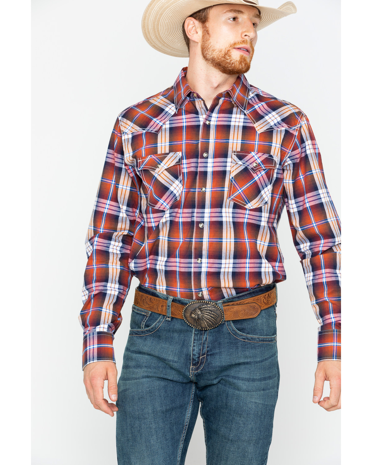 Wrangler Retro Men's Rust Plaid Long Sleeve Western Shirt