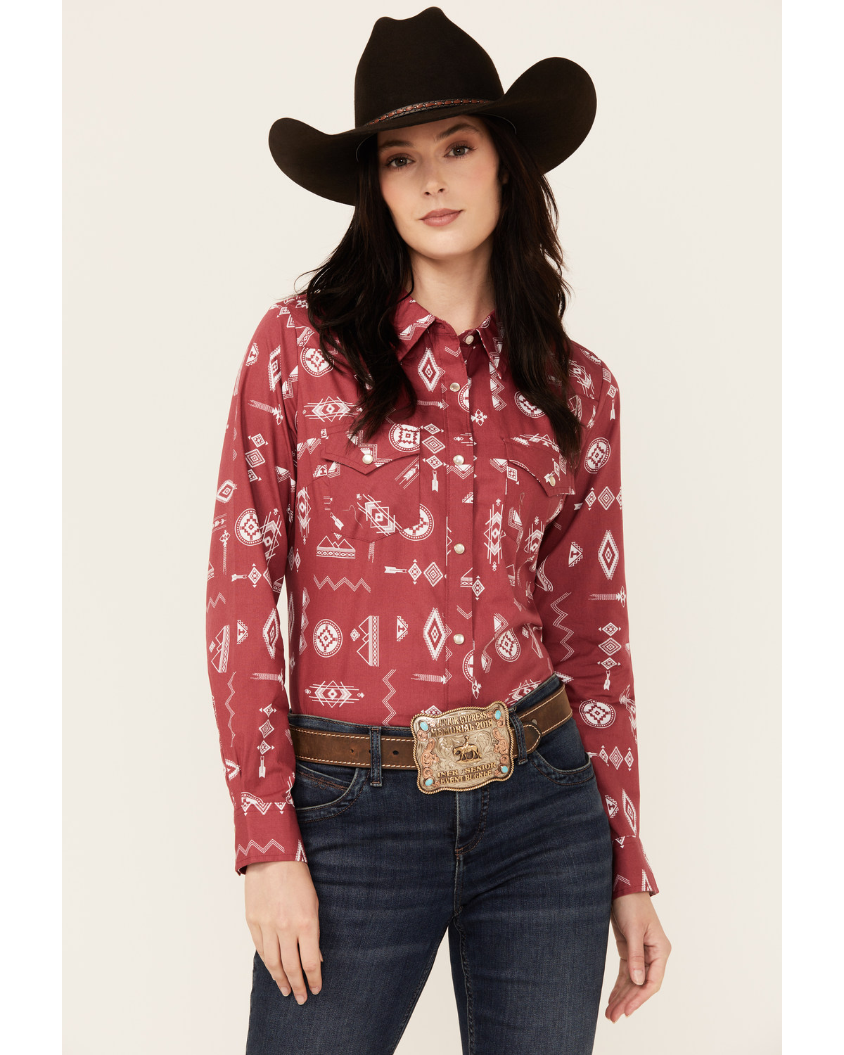 Wrangler Women's Southwestern Print Long Sleeve Pearl Snap Western Shirt