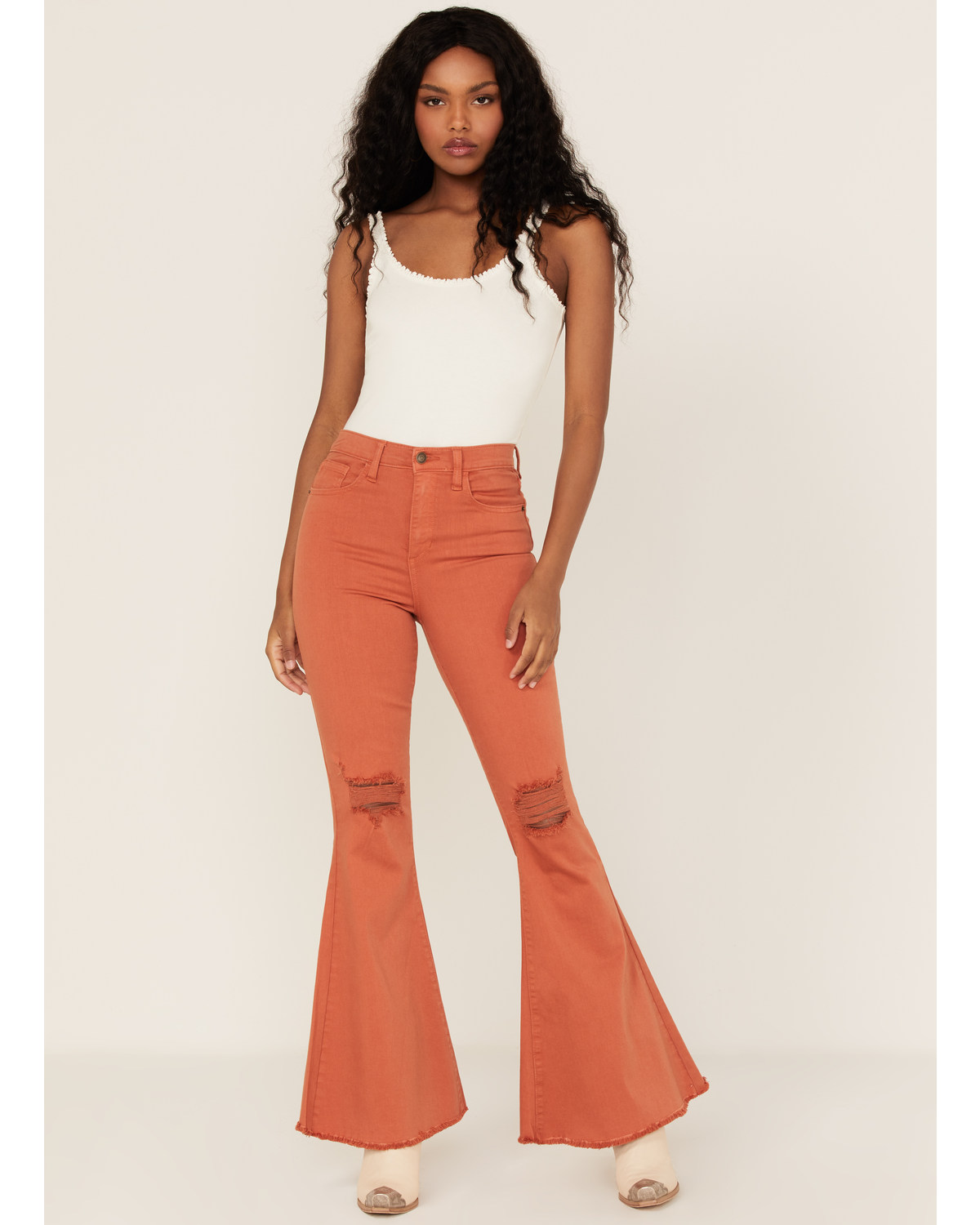 High waisted distressed flare jeans best sale