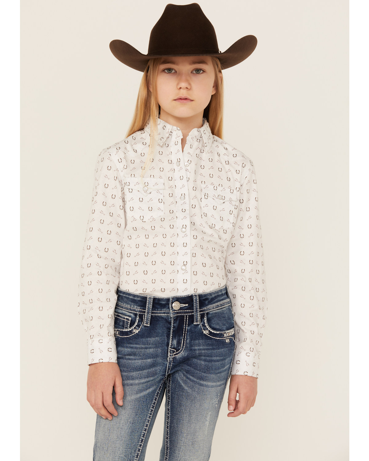Rough Stock by Panhandle Girls' Horseshoe Print Long Sleeve Pearl Snap Shirt
