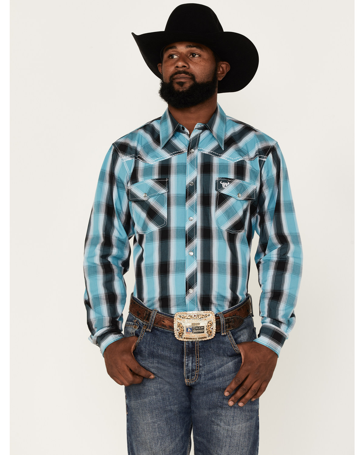 Cowboy Hardware Men's Hombre Large Plaid Print Long Sleeve Pearl Snap Western Shirt
