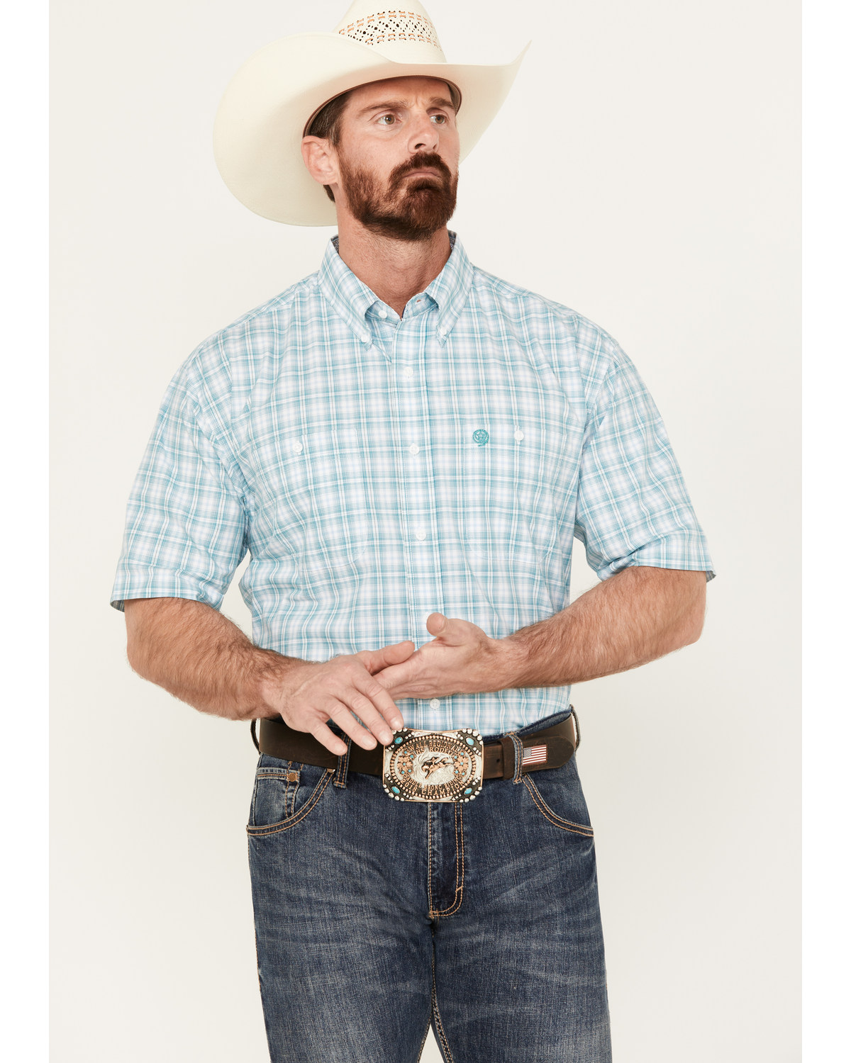 George Strait by Wrangler Men's Plaid Print Short Sleeve Button-Down Western Shirt