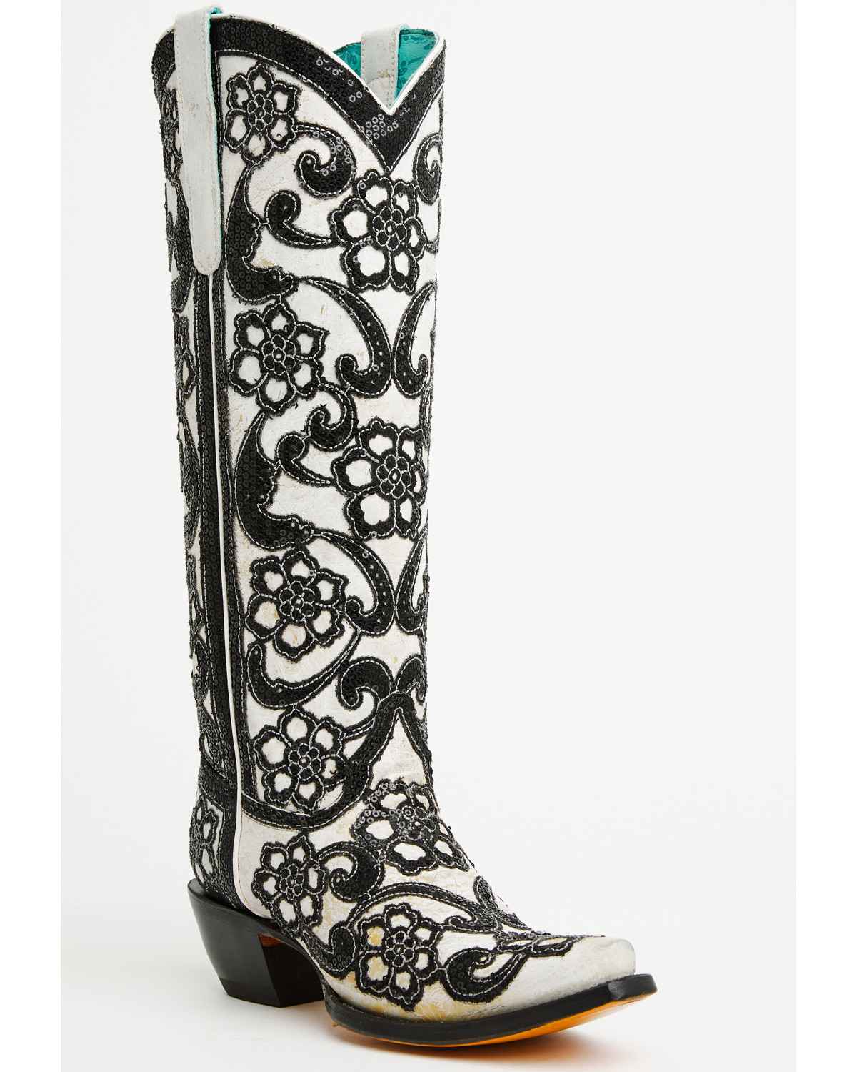 Corral Women's Floral Overlay Sequin Tall Western Boots - Snip Toe