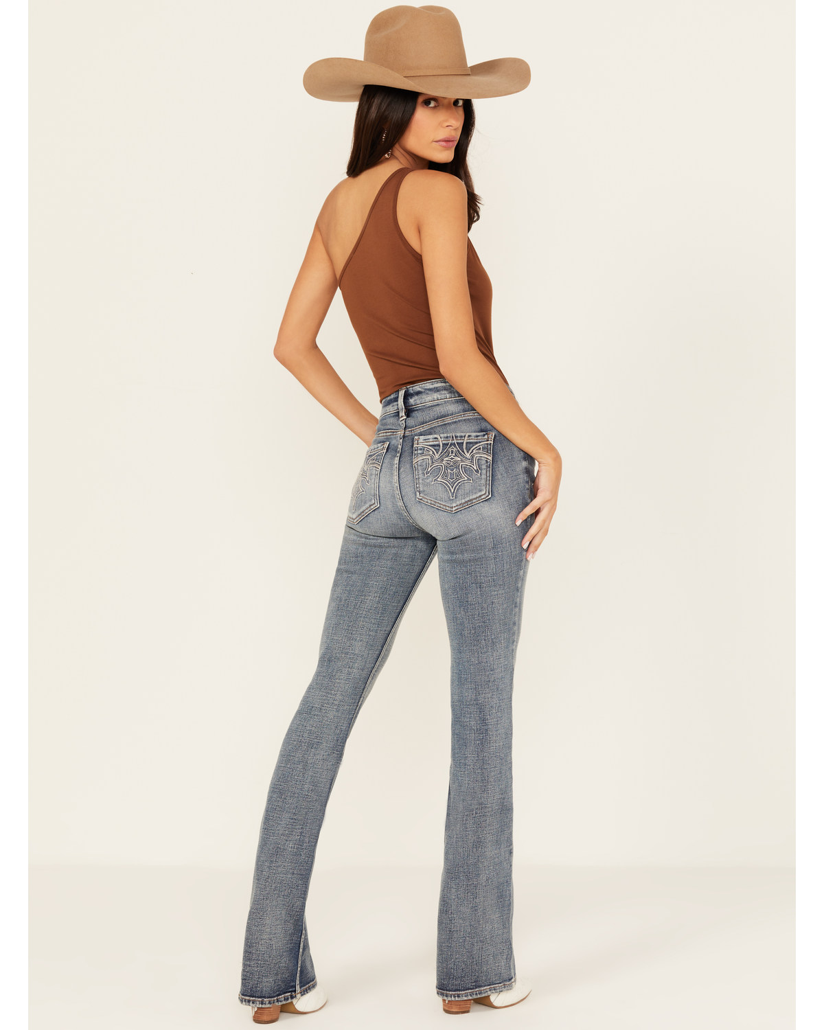 Shyanne Women's Medium Wash Aria Novelty Back Pocket Mid Rise Bootcut Stretch Denim Jeans
