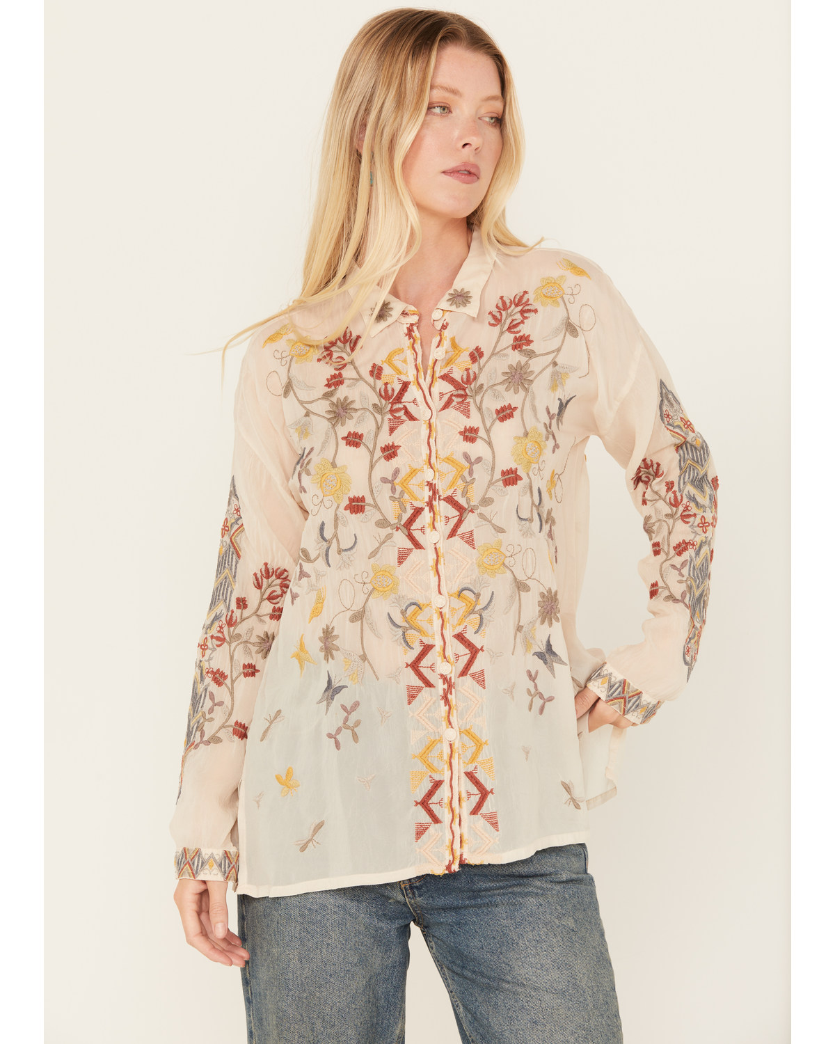 Johnny Was Women's Long Sleeve Floral Embroidered Blouse