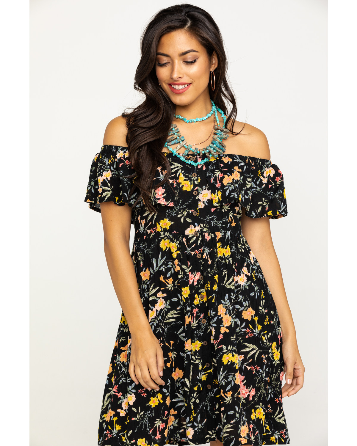 black floral off the shoulder dress