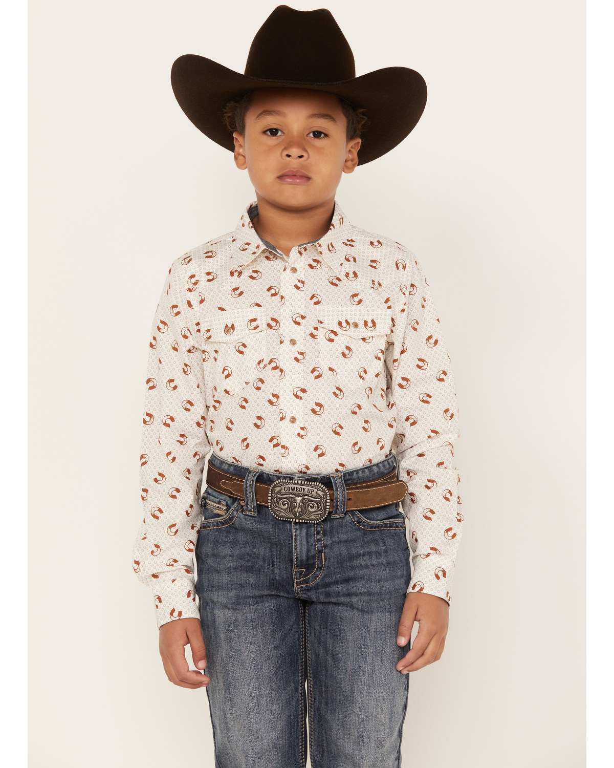 Cody James Boys' Horse Shoe Print Long Sleeve Western Snap Shirt