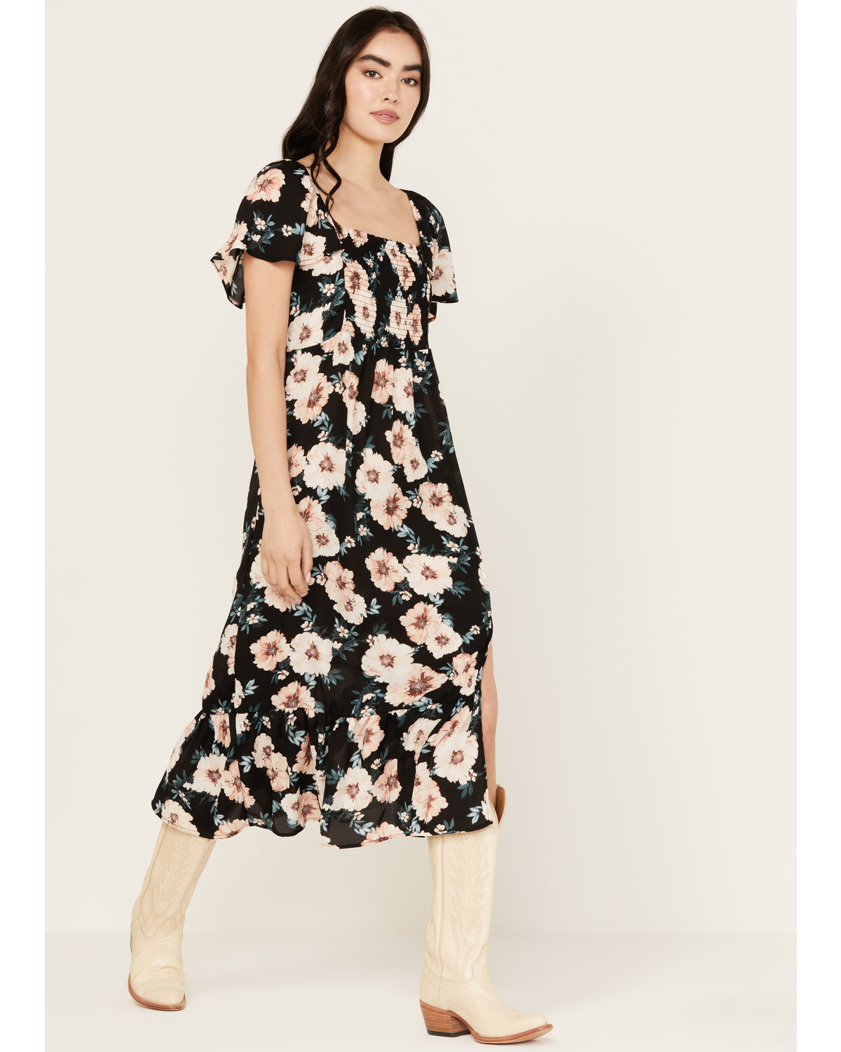 Wild Moss Women's Smocked Front Floral Midi Dress