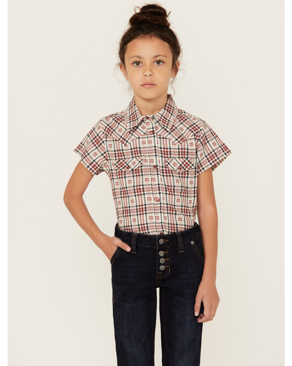 Shyanne Girls' Dobby Teton Plaid Print Short Sleeve Pearl Snap Western Shirt