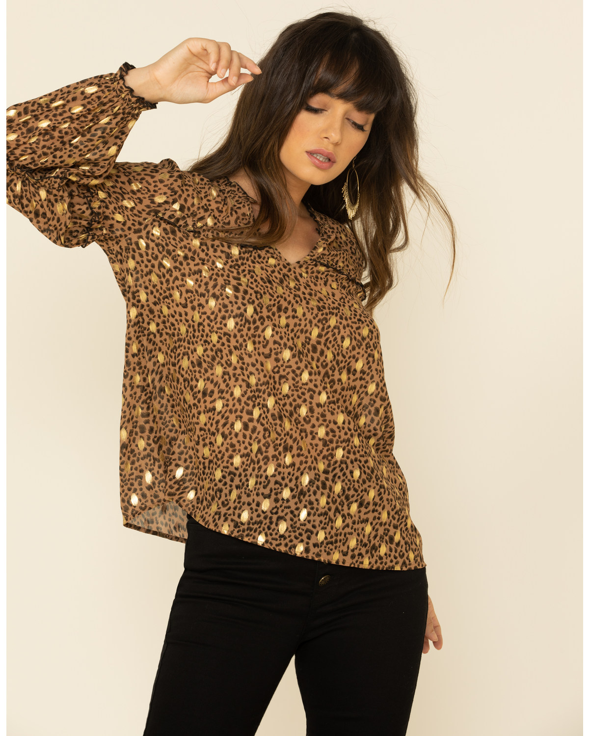 Mystree Women's Leopard Foil Puff Sleeve Blouse Top