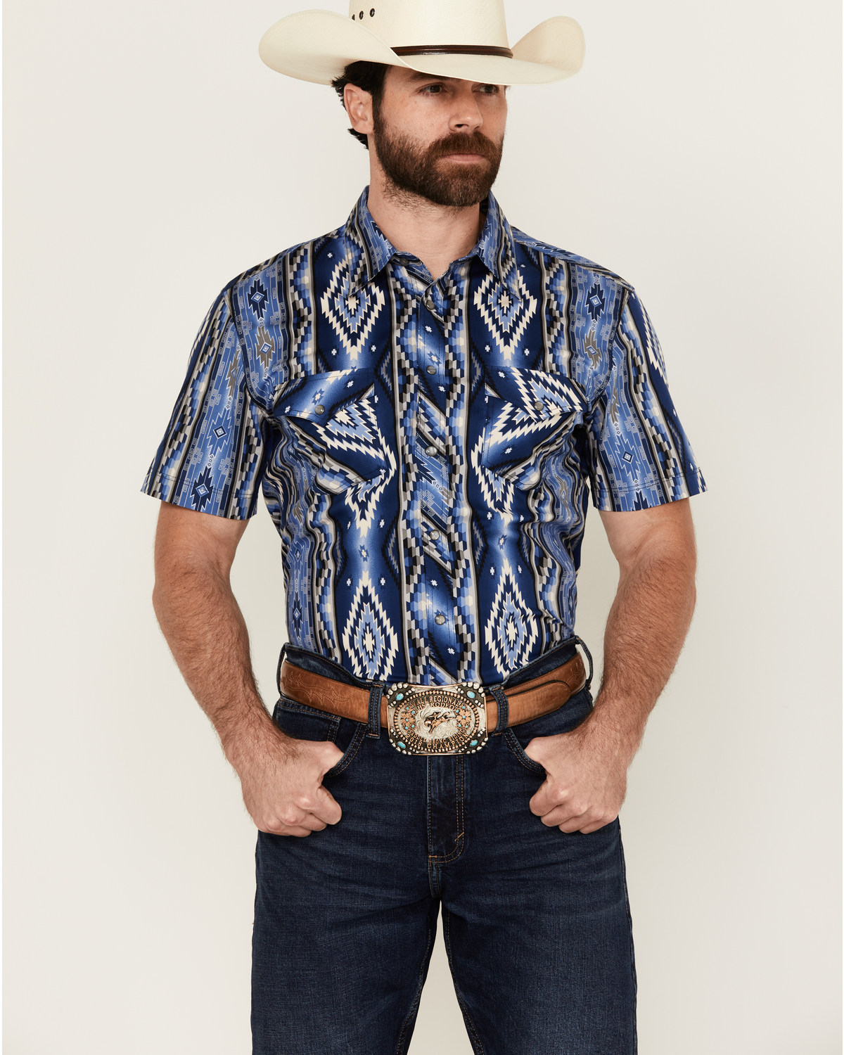 Rock & Roll Denim Men's Southwestern Print Short Sleeve Snap Stretch Western Shirt