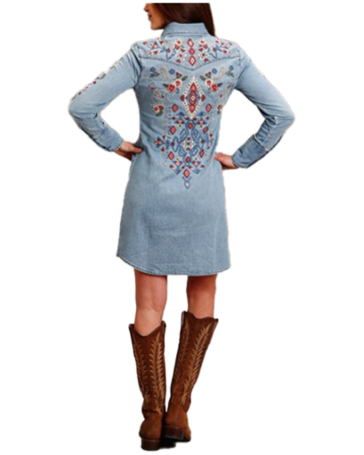 Stetson Women's Medium Wash Denim Embroidered Long Sleeve Shirt Dress