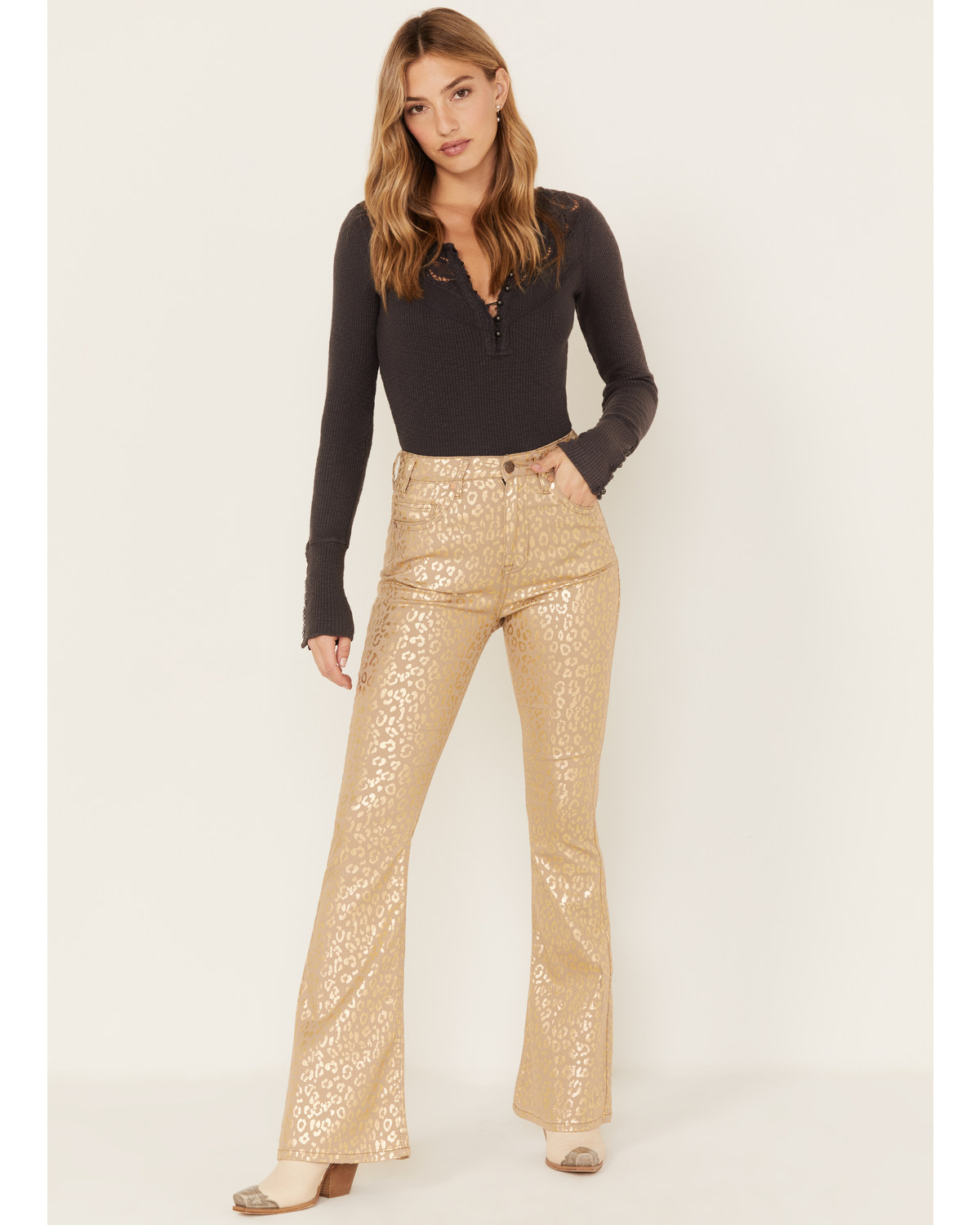 Rock & Roll Denim Women's Metallic Leopard Print High Rise Stretch Flare Jeans