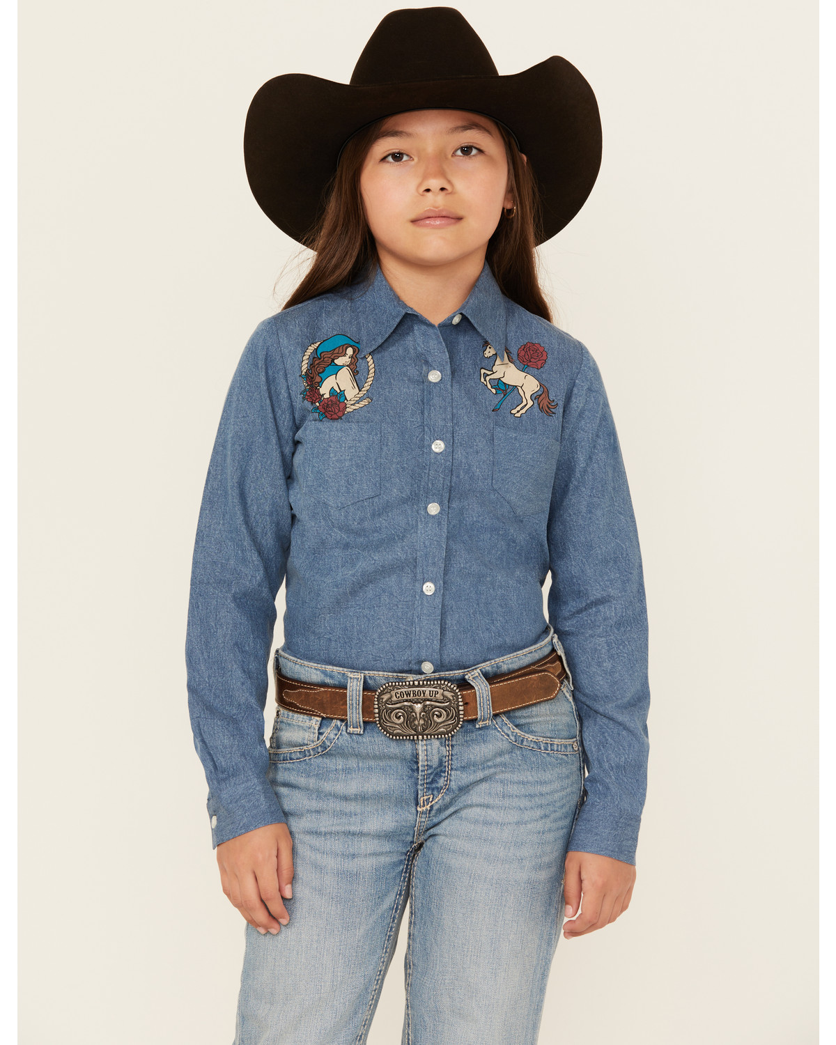 Roper Girls' Western Long Sleeve Button-Down Denim Shirt