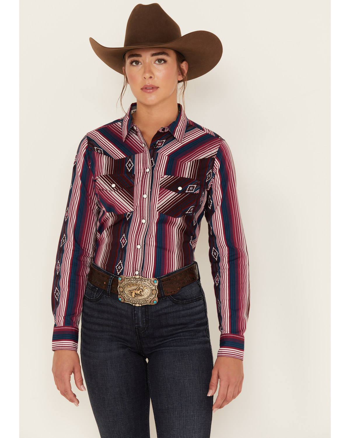 RANK 45® Women's Southwestern Stripe Print Heritage Snap Stretch Western Riding Shirt
