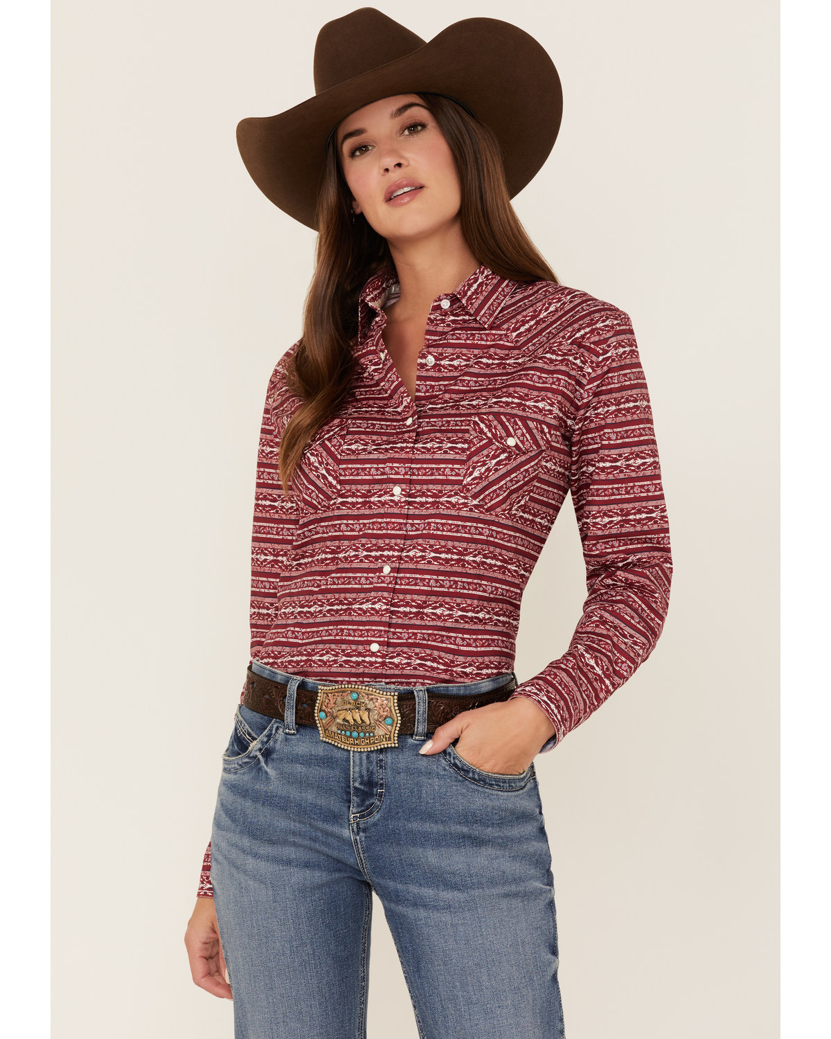 Rough Stock by Panhandle Women's Southwestern Stripe Print Long Sleeve Snap Western Shirt