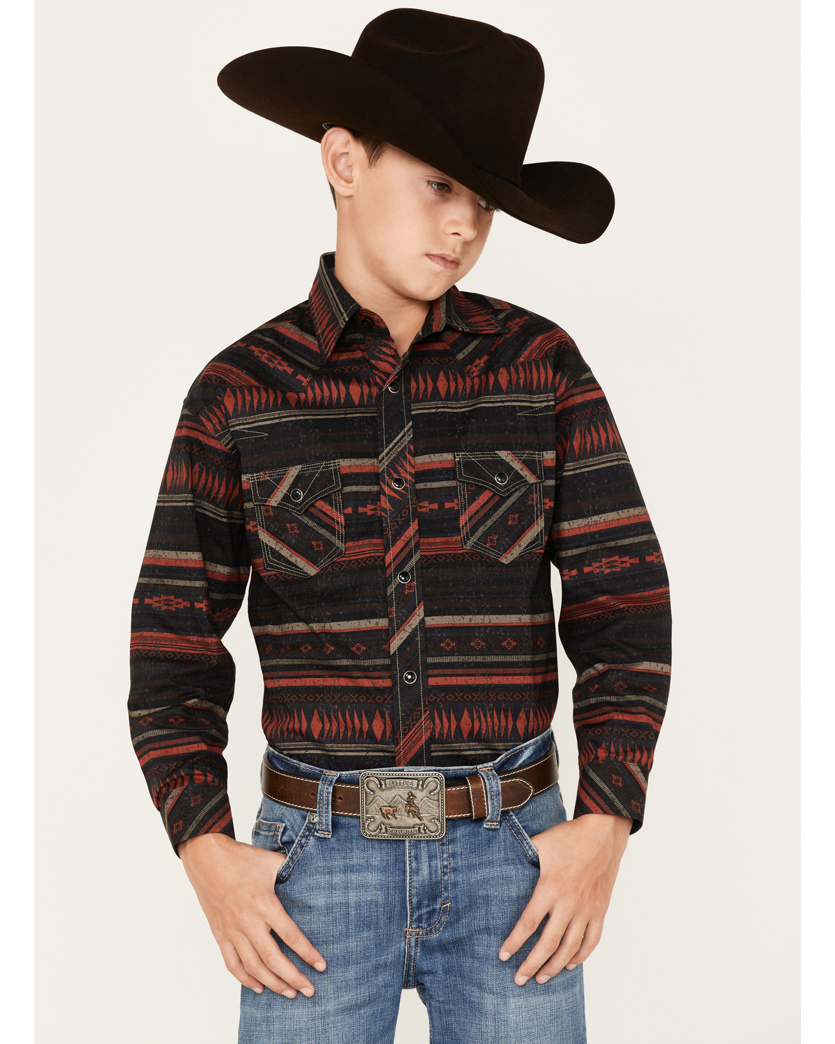 Rock & Roll Denim Boys' Southwestern Stripe Print Long Sleeve Snap Western Shirt