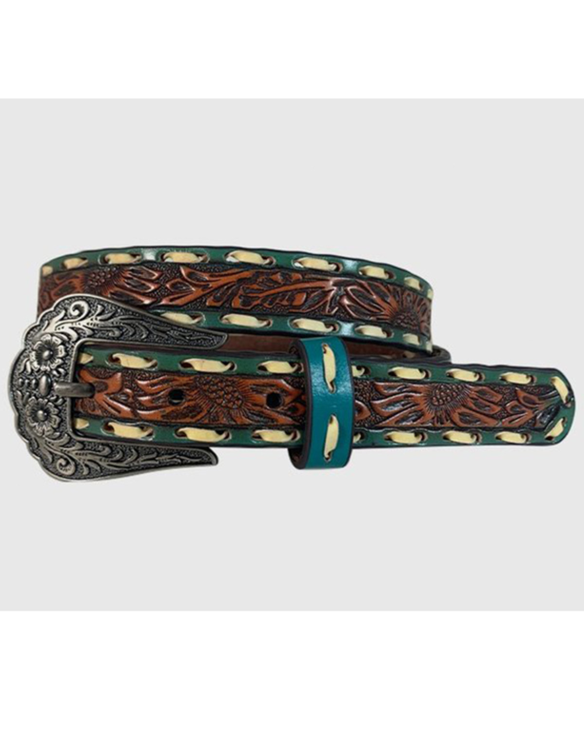 Lyntone Women's Brown & Turquoise Floral Tooled Laced Leather Belt
