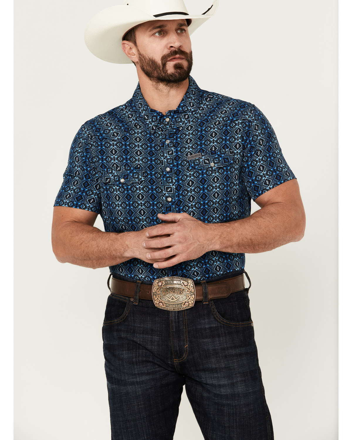 Panhandle Men's Southwestern Print Short Sleeve Pearl Snap Performance Western Shirt