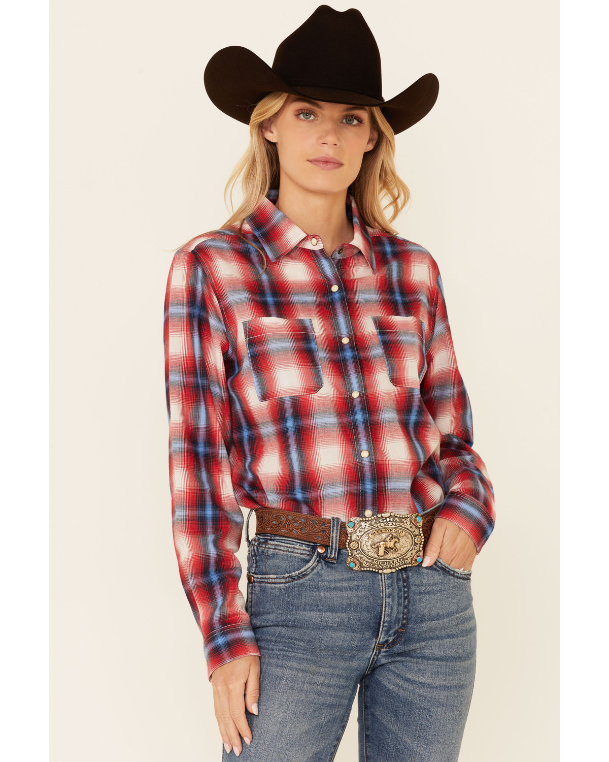 Rock & Roll Denim Women's Plaid Print Long Sleeve Snap Western Boyfriend Shirt