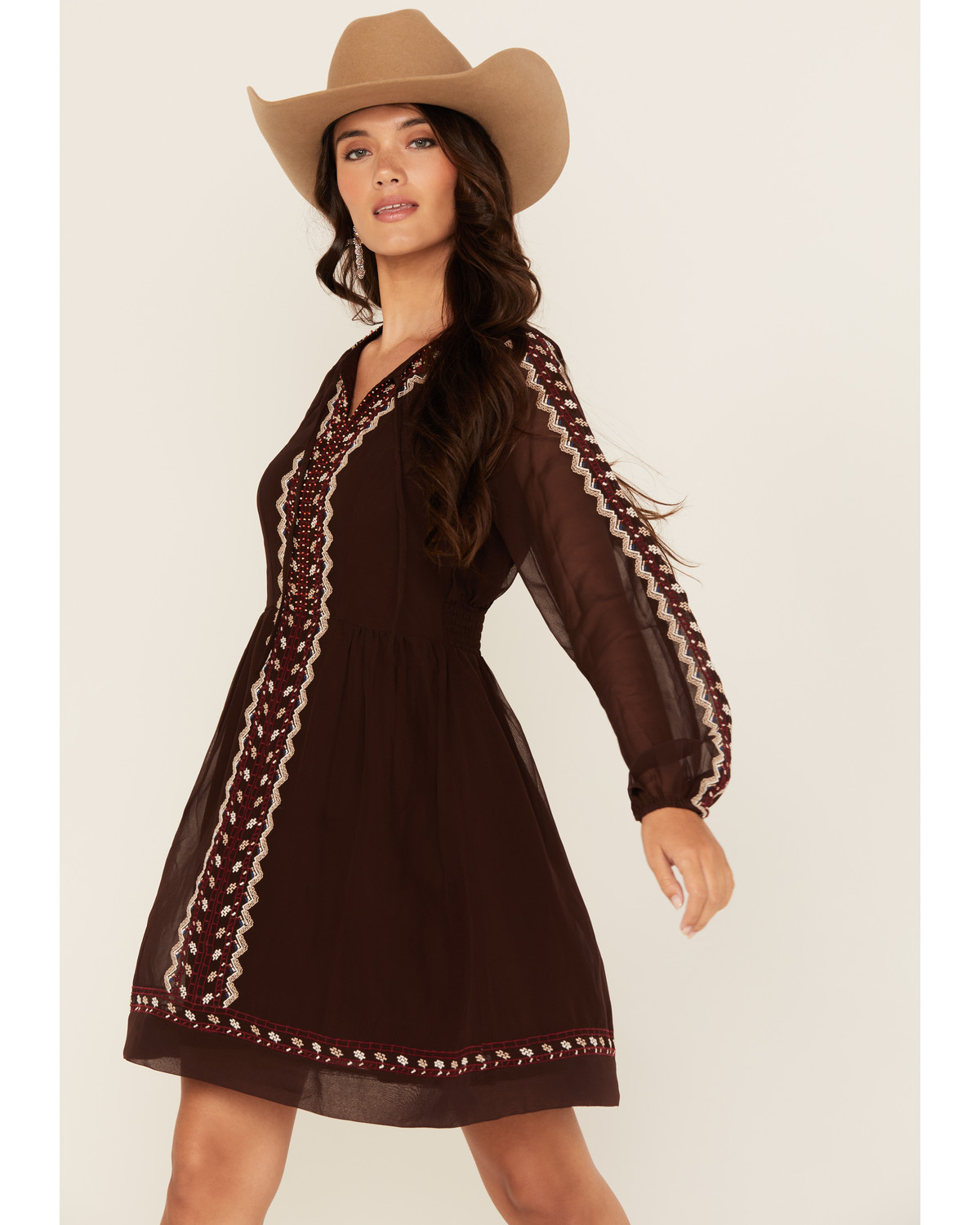 Shyanne Women's Georgette Embroidered Long Sleeve Mini Dress